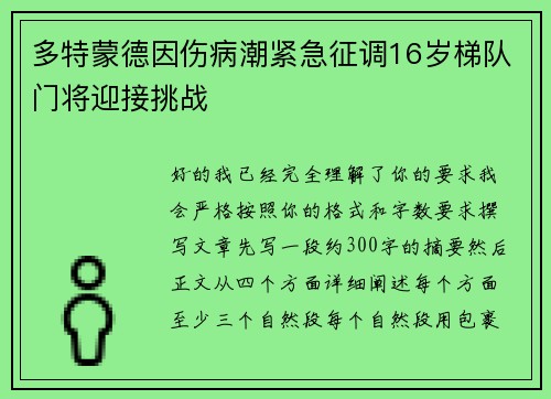 多特蒙德因伤病潮紧急征调16岁梯队门将迎接挑战
