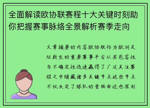 全面解读欧协联赛程十大关键时刻助你把握赛事脉络全景解析赛季走向